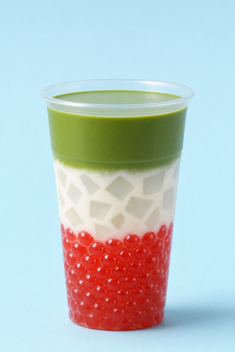 Matcha Float in a tall clear cup with flat green matcha, milk and sweet cream over tapioca pearls
