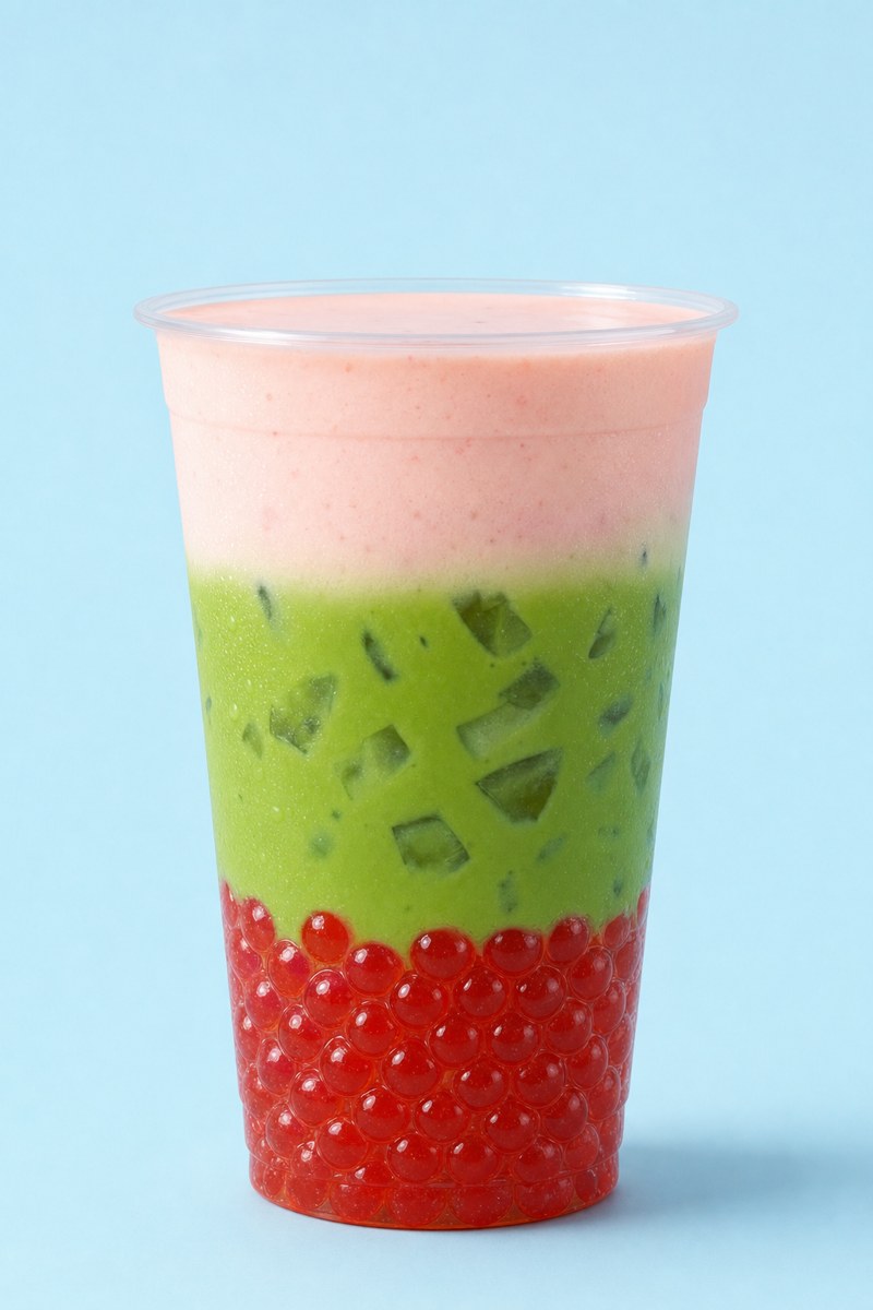 Strawberry Shortcake Matcha in a tall clear cup — layered matcha, milk and pink strawberry cream over dark pearls
