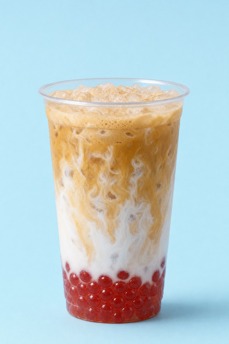 Tiramisu Cold Brew in a tall clear cup on a pale blue background