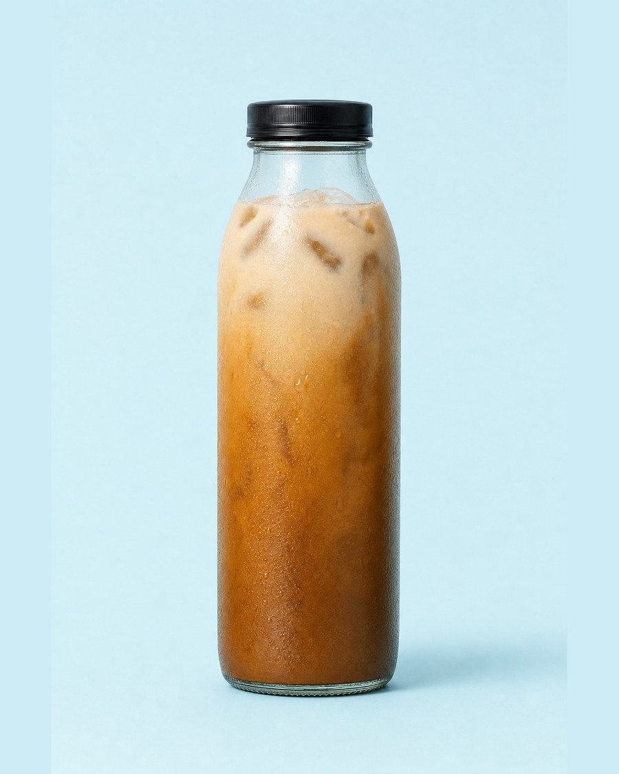 Caramel Brulee Latte in a clear 12 oz glass bottle on a pale blue background