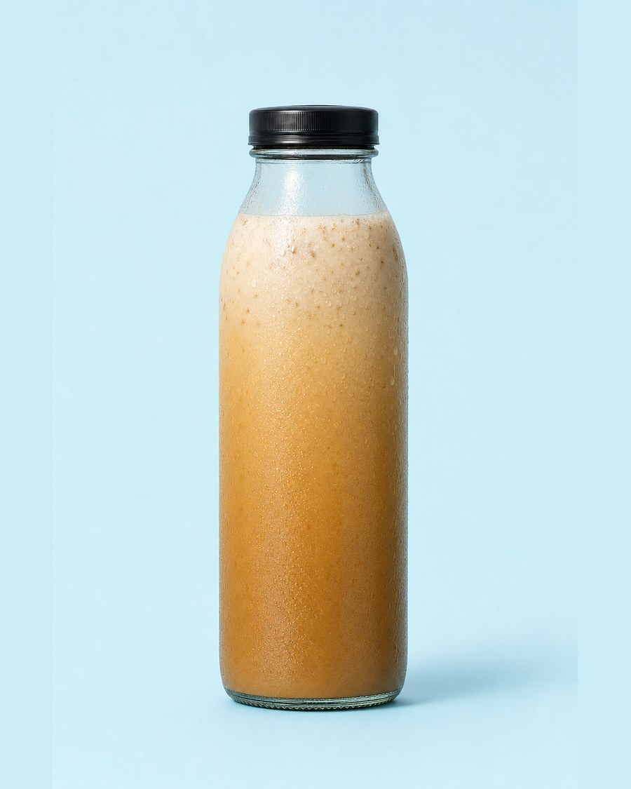 Cookie Butter Latte in a clear 12 oz glass bottle on a pale blue background