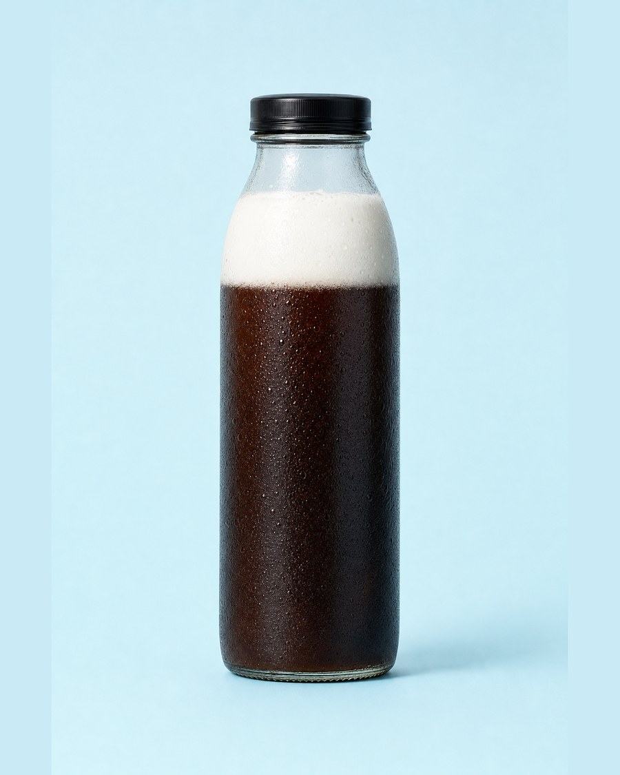 Peppermint Mocha in a clear 12 oz glass bottle on a pale blue background