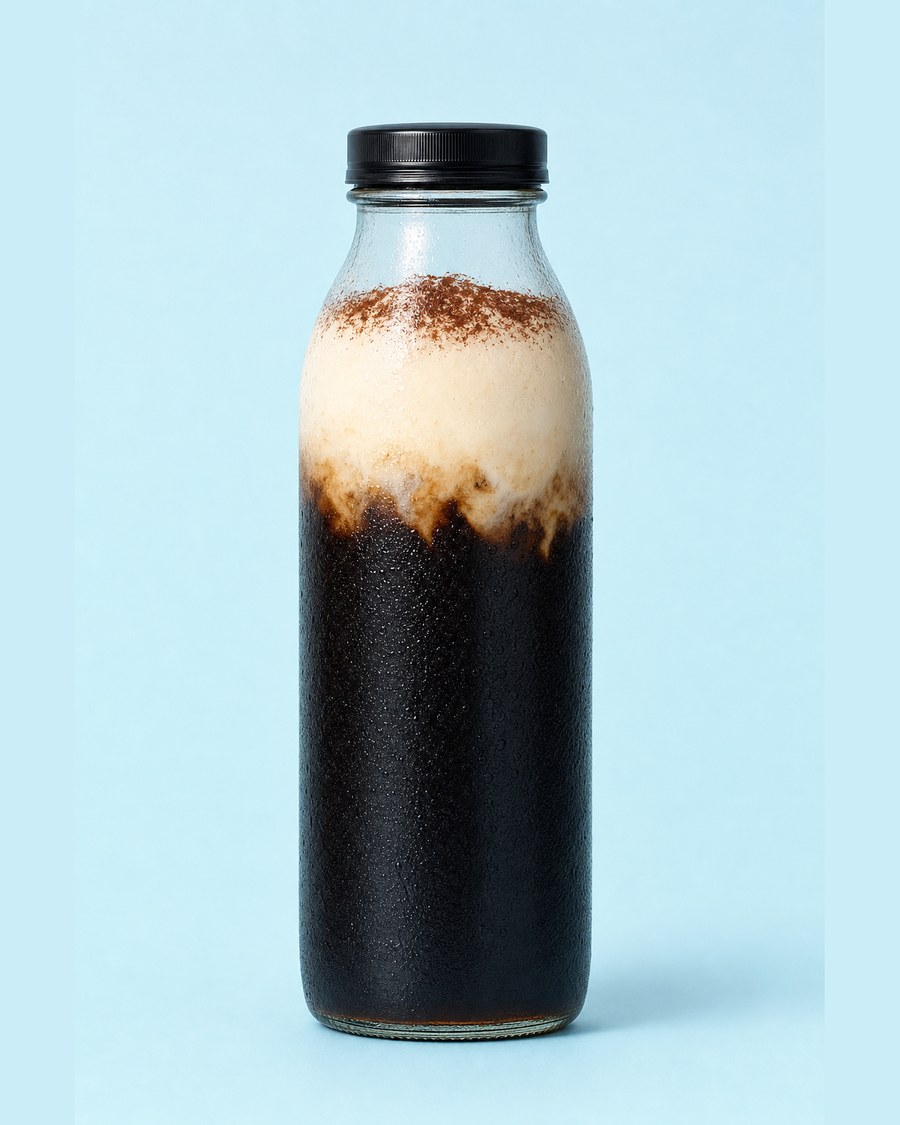 Tiramisu Cold Brew in a clear 12 oz glass bottle on a pale blue background