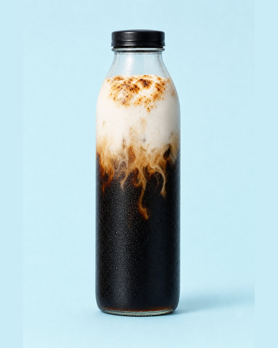 Toasted Marshmallow Cold Brew in a clear 12 oz glass bottle on a pale blue background