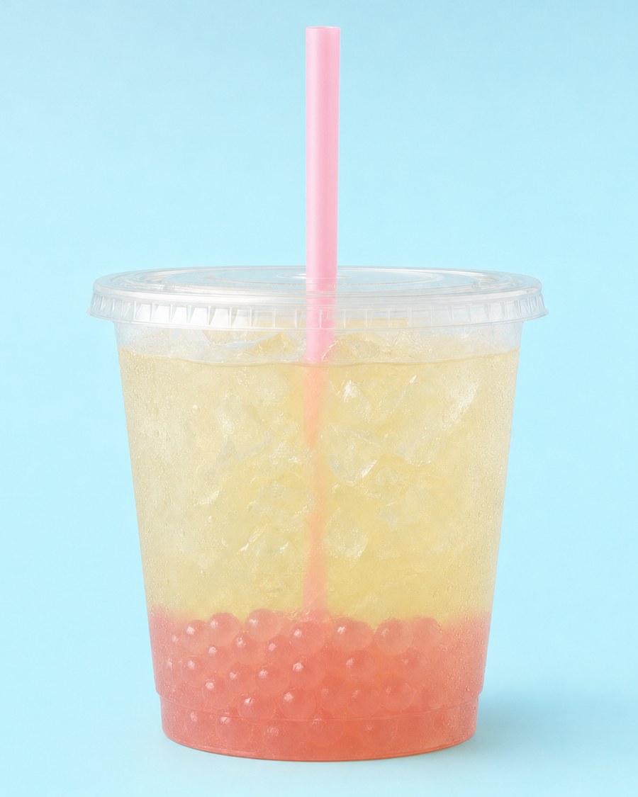 Popping Boba Lemonade in a clear cup with a layer of pink popping boba pearls and a pastel pink boba straw