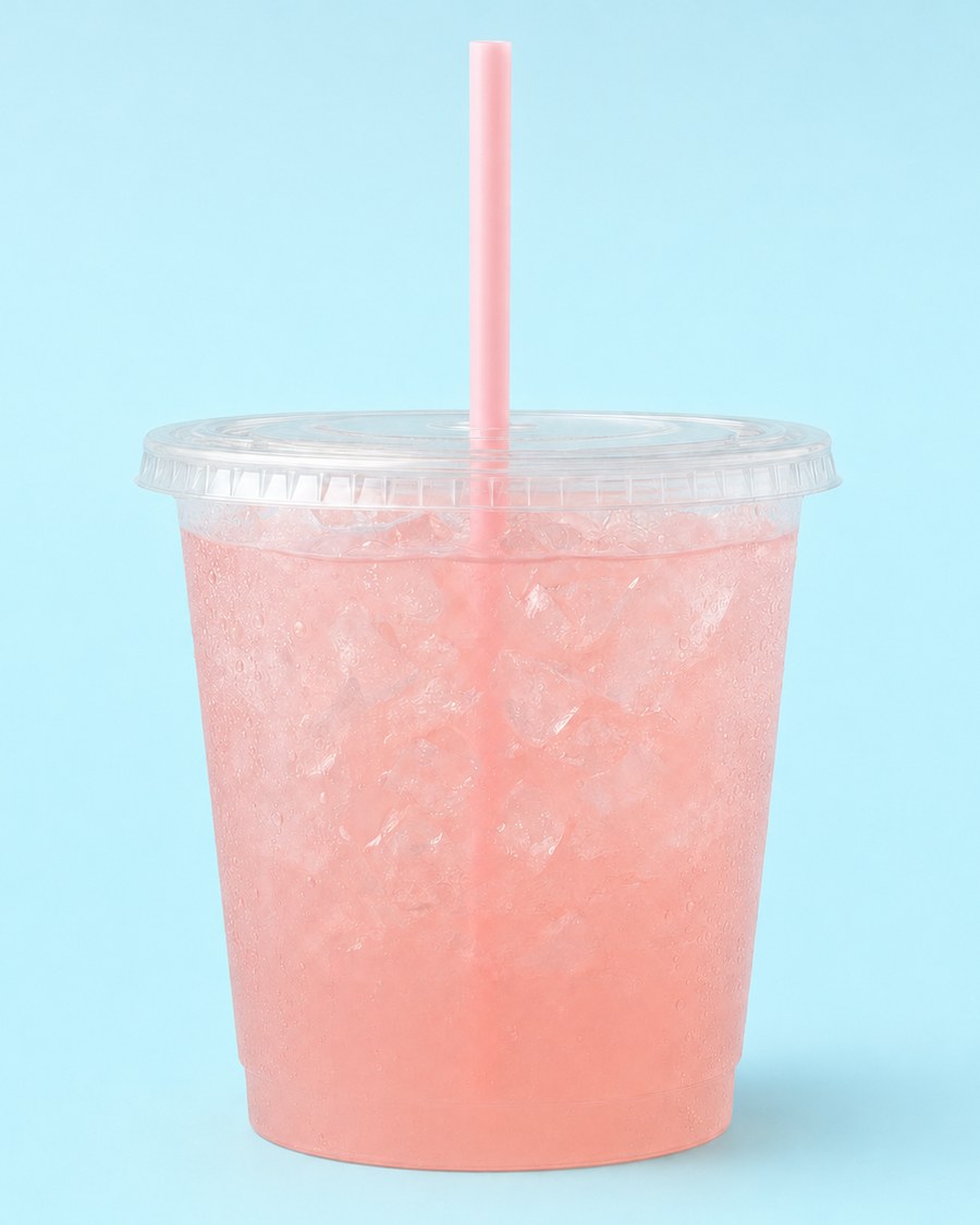 Strawberry lemonade in a clear cup with a pastel straw on a pale blue background