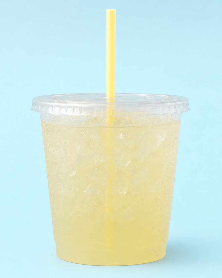 Traditional lemonade in a clear cup with a pastel straw on a pale blue background