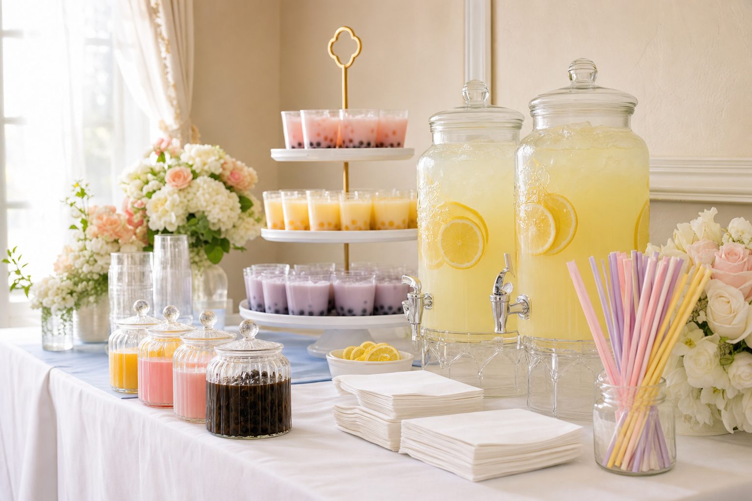 Catered beverage station with lemonade dispensers, tiered cups of boba, syrups and florals on a white linen table