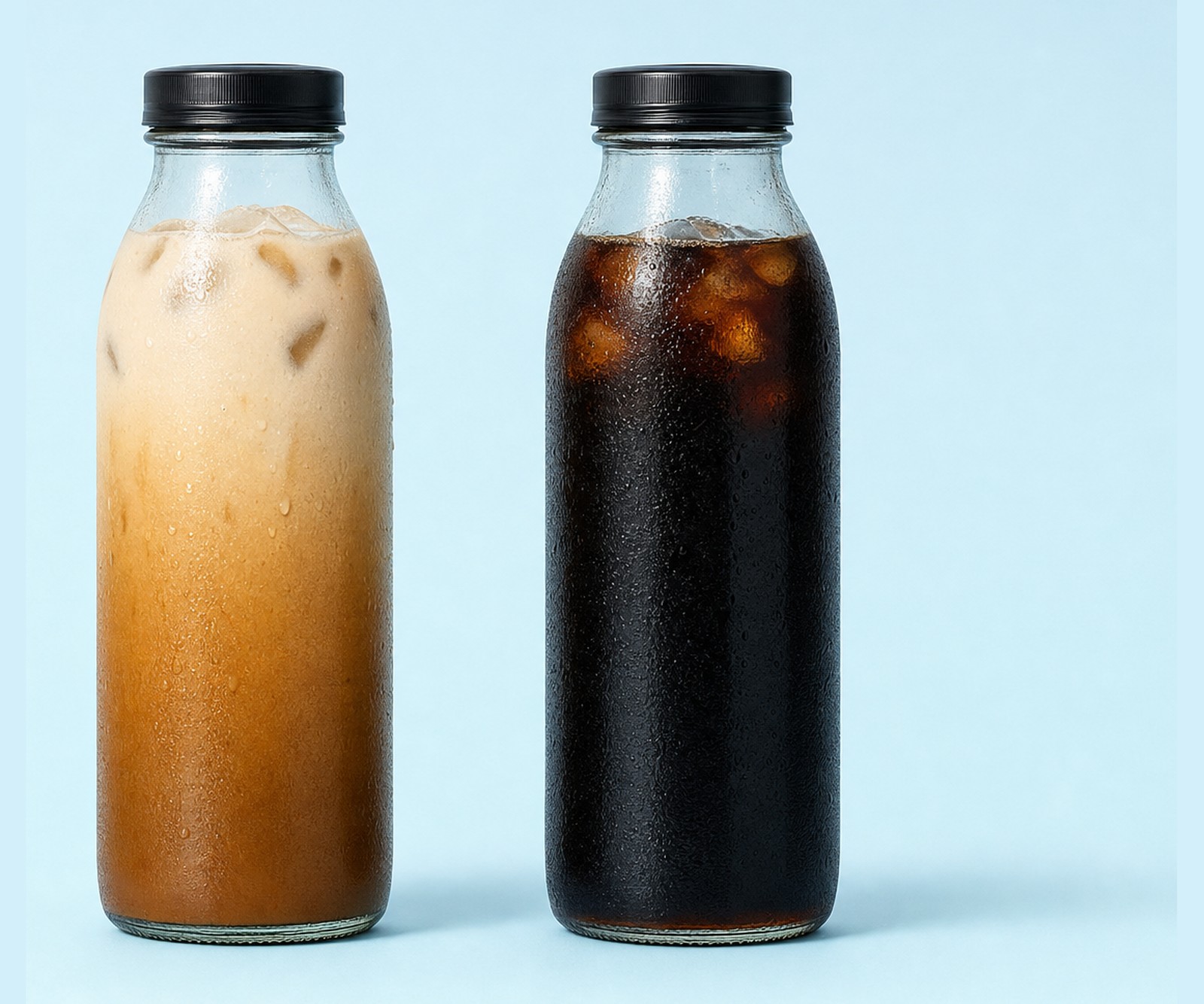 A bottled iced latte and a bottled cold brew side by side on a pale blue background