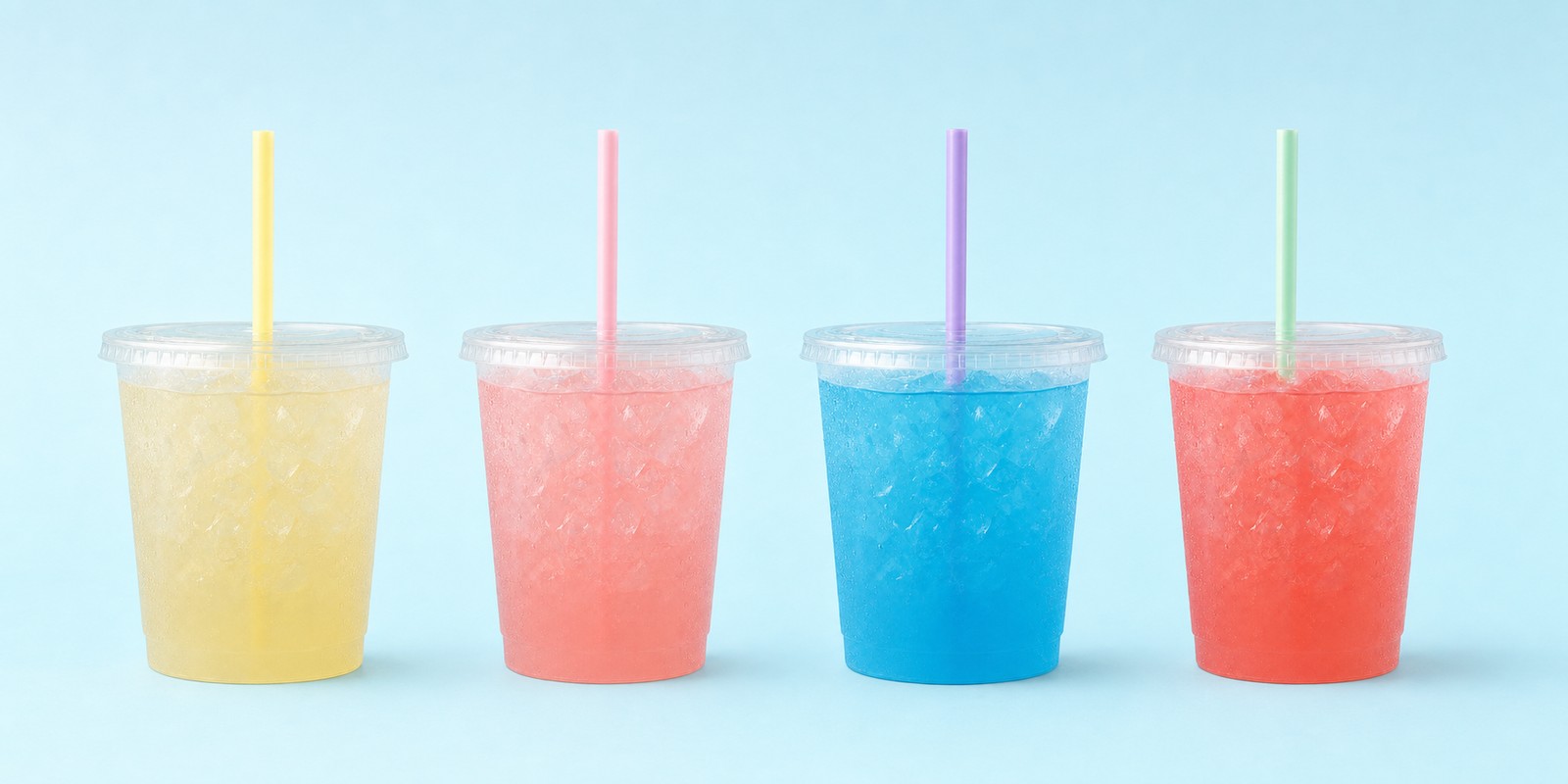 Traditional, Strawberry, Blue Raspberry and Watermelon lemonade in tall clear cups with pastel straws, no fruit garnish